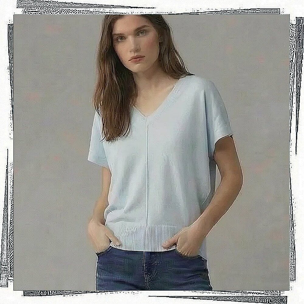 Light Blue 100% Cotton Double V-Neck Slouchy Sweater (S) Moth